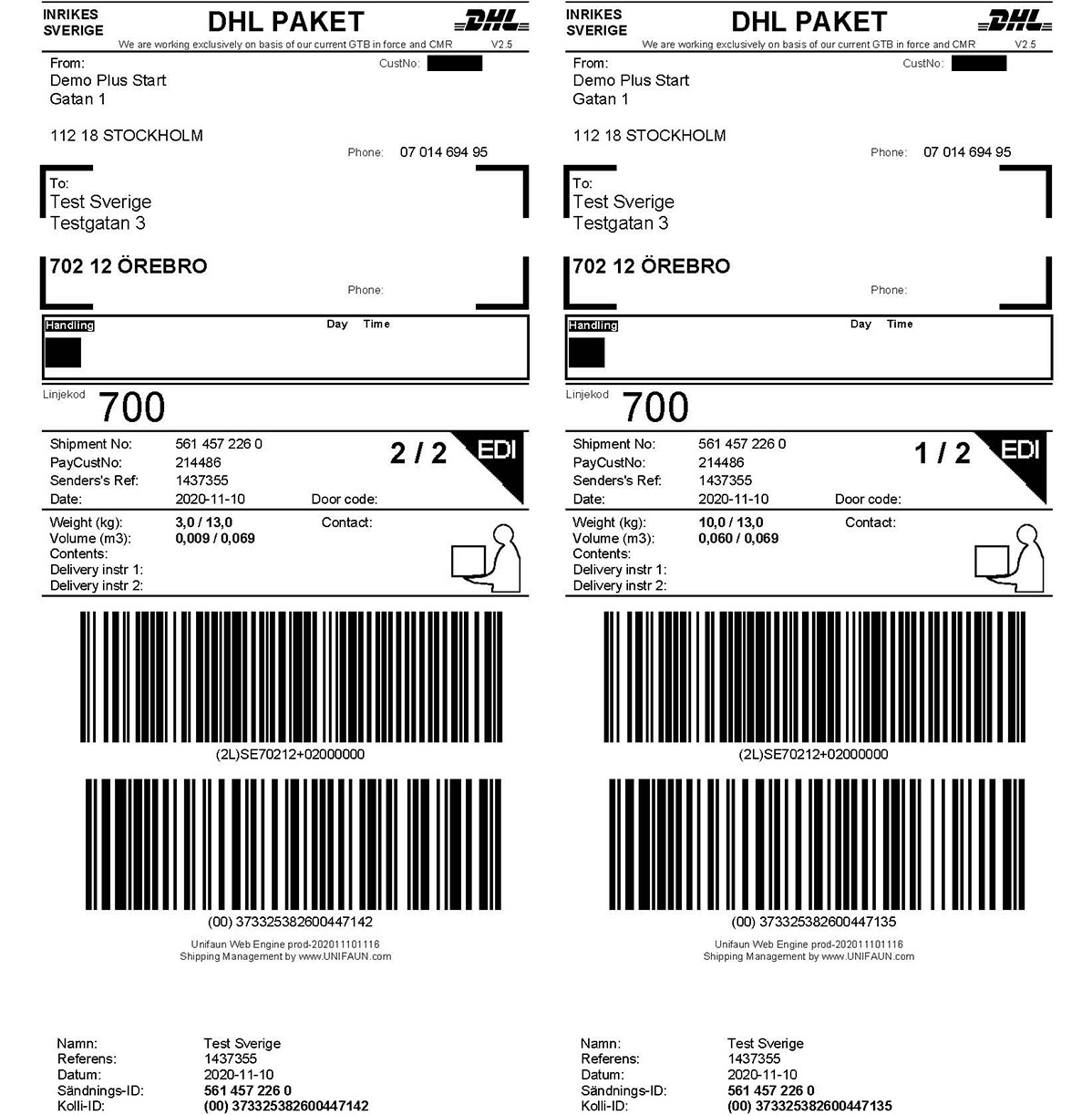Fraktsedel för DHL skapad med Vismas fraktmodul
