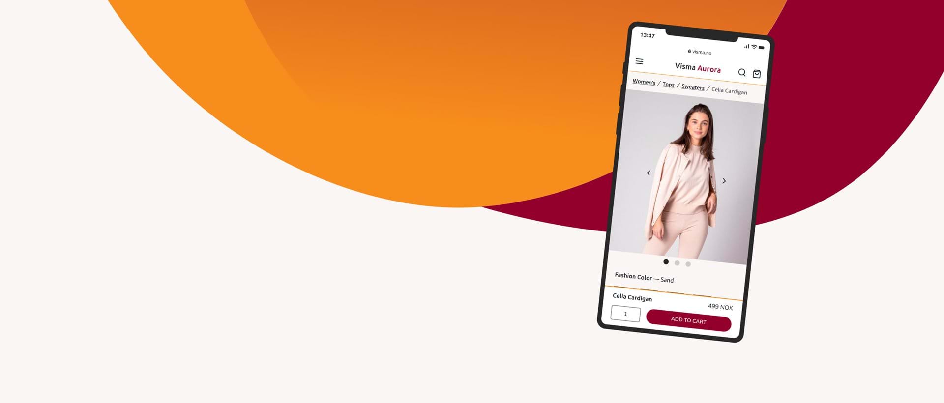 Varmfärgade grafiska element, med en flytande iPhone som visar en produktsida från en butik